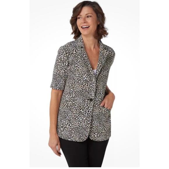 Susan Graver Leopard Print Half Sleeve Stretchy Buttoned Blazer Pockets Size L - Picture 1 of 8